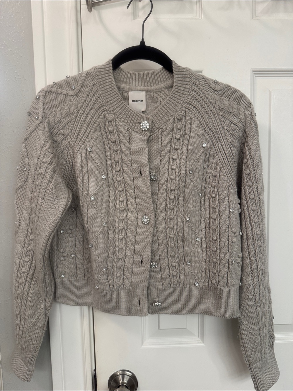 Maeve Beaded Cable-Knit Cardigan in Light Gray